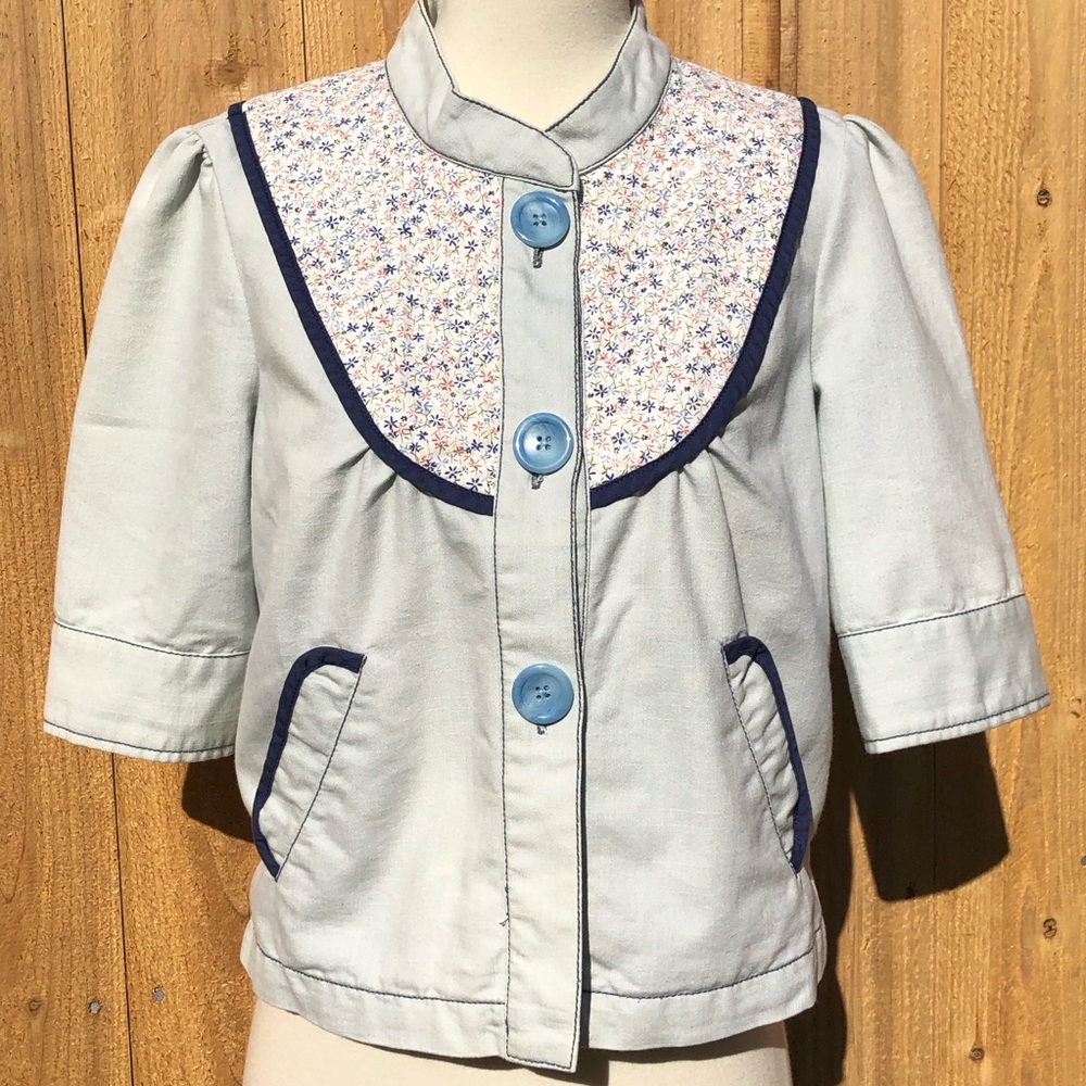 Anthropologie Lux 3/4 Sleeve Baby Blue Floral Print Jacket Size Small